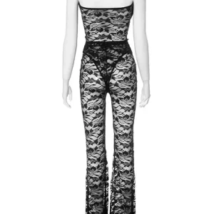 Black Lace 2-Piece Set: Sexy Bow Wrap Bodysuit & Flared Pants for Women - Night Club Out