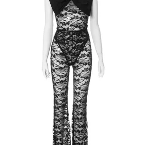 Black Lace 2-Piece Set: Sexy Bow Wrap Bodysuit & Flared Pants for Women - Night Club Out