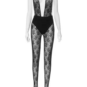 Black Lace 2-Piece Set: Sexy Deep V Backless Bodysuit with Matching Foot Pants - 2024