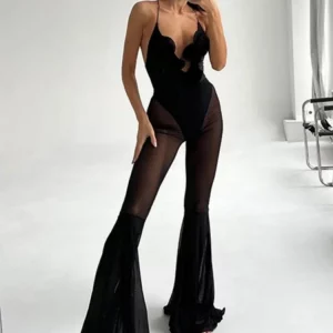 Black Lace Flare Pants Jumpsuit with V-Neck and Ruffles