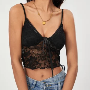 Black Lace Floral Camisole: Women's Sexy Tie-up Vest