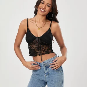 Black Lace Floral Camisole: Women's Sexy Tie-up Vest