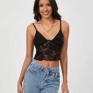 Black Lace Floral Camisole: Women's Sexy Tie-up Vest