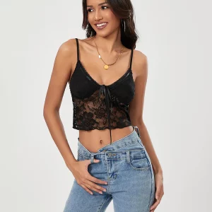 Black Lace Floral Camisole: Women's Sexy Tie-up Vest