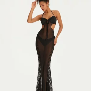 Black Lace Halter Neck Evening Dress for Summer Nights