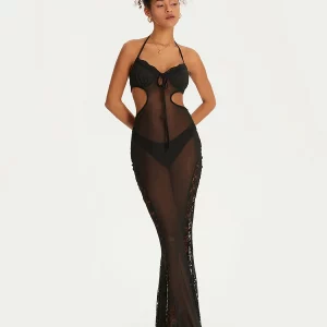 Black Lace Halter Neck Evening Dress for Summer Nights