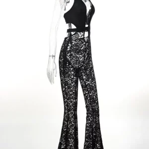 Black Lace Hollow Halter Jumpsuit | Sexy Backless Skinny Overall for Women | Night Clubwear 2024