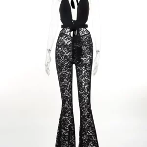 Black Lace Hollow Halter Jumpsuit | Sexy Backless Skinny Overall for Women | Night Clubwear 2024