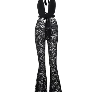 Black Lace Hollow Halter Jumpsuit | Sexy Backless Skinny Overall for Women | Night Clubwear 2024