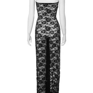 Black Lace See-Through Maxi Dress: Sexy Wrap Chest, Backless - Women's Evening Party Clubwear