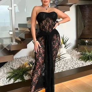 Black Lace See-Through Maxi Dress: Sexy Wrap Chest, Backless - Women's Evening Party Clubwear