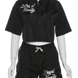 Black Letter Embroidery 2-Piece Set: Casual Zip Top & Drawstring Shorts for Women - 2024