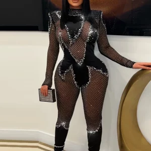 Black Mesh Crystal Jumpsuit: Glam Rhinestone Romper for Women - Sexy Clubwear