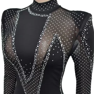 Black Mesh Crystal Jumpsuit: Glam Rhinestone Romper for Women - Sexy Clubwear