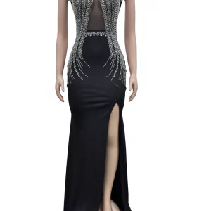 Black Mesh Rhinestone Décor Maxi Dress with High Slit