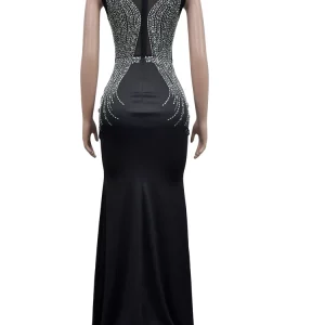 Black Mesh Rhinestone Décor Maxi Dress with High Slit