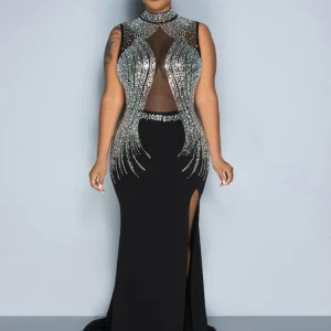 Black Mesh Rhinestone Décor Maxi Dress with High Slit