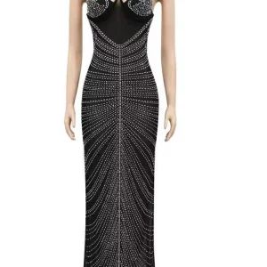 Black Mesh Rhinestone Mermaid Gown for Women - Elegant Crystal Party Dress