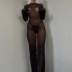 Black Mesh Summer Women's Sexy Long Sleeve Maxi Bodycon Dress - Elegant Evening Party Outfit