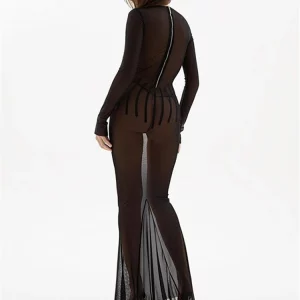 Black Mesh Summer Women's Sexy Long Sleeve Maxi Bodycon Dress - Elegant Evening Party Outfit