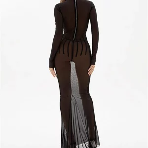 Black Mesh Summer Women's Sexy Long Sleeve Maxi Bodycon Dress - Elegant Evening Party Outfit