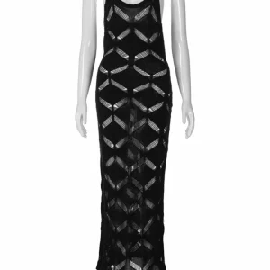 Black Plaid Knitted Y2K Maxi Dress for Evening Party