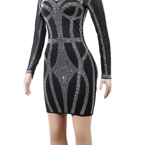 Black Rhinestone Bodycon Mini Dress with Sparkle Mesh Sleeves for Women - Special Occasion Outfit