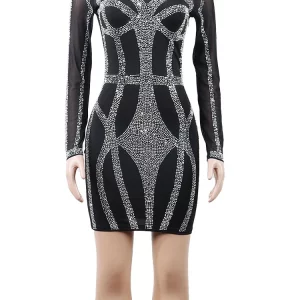 Black Rhinestone Bodycon Mini Dress with Sparkle Mesh Sleeves for Women - Special Occasion Outfit