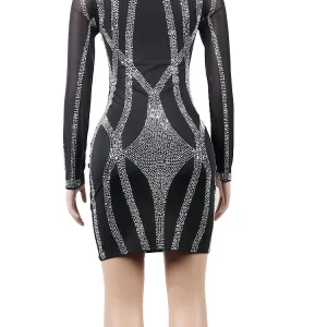 Black Rhinestone Bodycon Mini Dress with Sparkle Mesh Sleeves for Women - Special Occasion Outfit