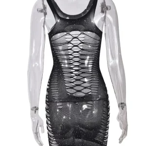 Black Rhinestone Cutout Mini Dress for Women - Nightclub Sexy Spaghetti Strap Outfit