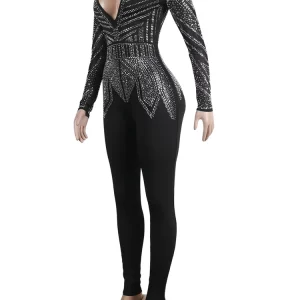 Black Rhinestone Long Sleeve Jumpsuit for Women, Sparkling Crystal Romper for Nightclub Outfits