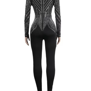 Black Rhinestone Long Sleeve Jumpsuit for Women, Sparkling Crystal Romper for Nightclub Outfits