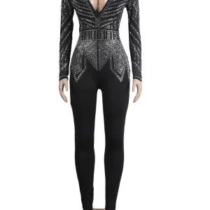 Black Rhinestone Long Sleeve Jumpsuit for Women, Sparkling Crystal Romper for Nightclub Outfits