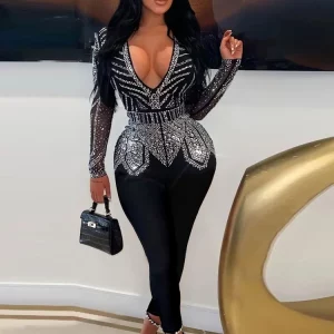 Black Rhinestone Long Sleeve Jumpsuit for Women, Sparkling Crystal Romper for Nightclub Outfits