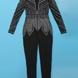 Black Rhinestone Long Sleeve Jumpsuit for Women, Sparkling Crystal Romper for Nightclub Outfits