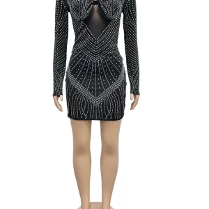 Black Rhinestone Padded Mini Dress - Elegant Night Outwear