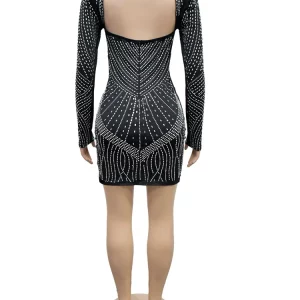 Black Rhinestone Padded Mini Dress - Elegant Night Outwear