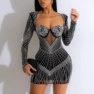 Black Rhinestone Padded Mini Dress - Elegant Night Outwear