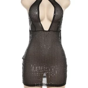 Black Sequin Halter Bodycon Dress for Women | Sexy Backless Mini Dress for 2024 Summer Parties