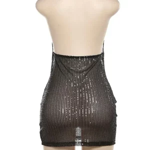 Black Sequin Halter Bodycon Dress for Women | Sexy Backless Mini Dress for 2024 Summer Parties