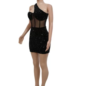 Black Sequin Sheer Mesh Shoulder Dress - Glam Party Clubwear