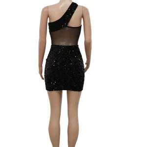 Black Sequin Sheer Mesh Shoulder Dress - Glam Party Clubwear