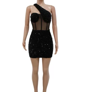 Black Sequin Sheer Mesh Shoulder Dress - Glam Party Clubwear