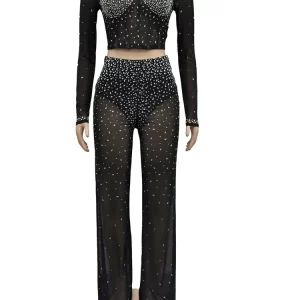 Black Sheer Mesh Rhinestone Crop Top & Wide Leg Pants Set