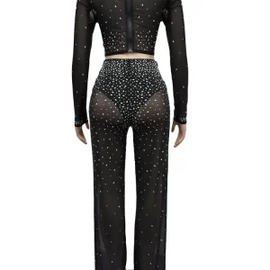 Black Sheer Mesh Rhinestone Crop Top & Wide Leg Pants Set