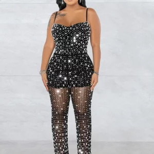 Black Silver Rhinestone Mesh Sheer Jumpsuit - Glam Crystal Women's Clubwear