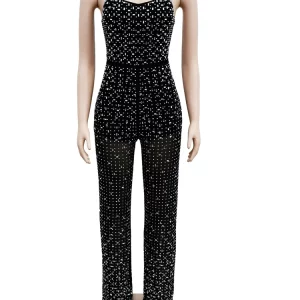 Black Silver Rhinestone Mesh Sheer Jumpsuit - Glam Crystal Women's Clubwear