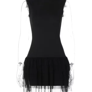 Black Sleeveless Mini Dress for Women | Sexy Mesh Bottom Fashion Tank Dress