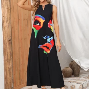 Black Sleeveless V-neck Summer Dress - Women's Casual Vintage Beach Party Wear