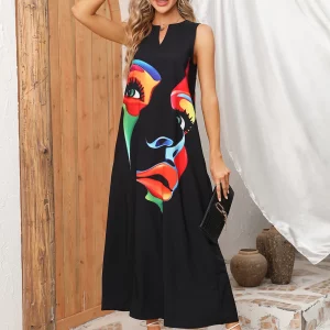 Black Sleeveless V-neck Summer Dress - Women's Casual Vintage Beach Party Wear